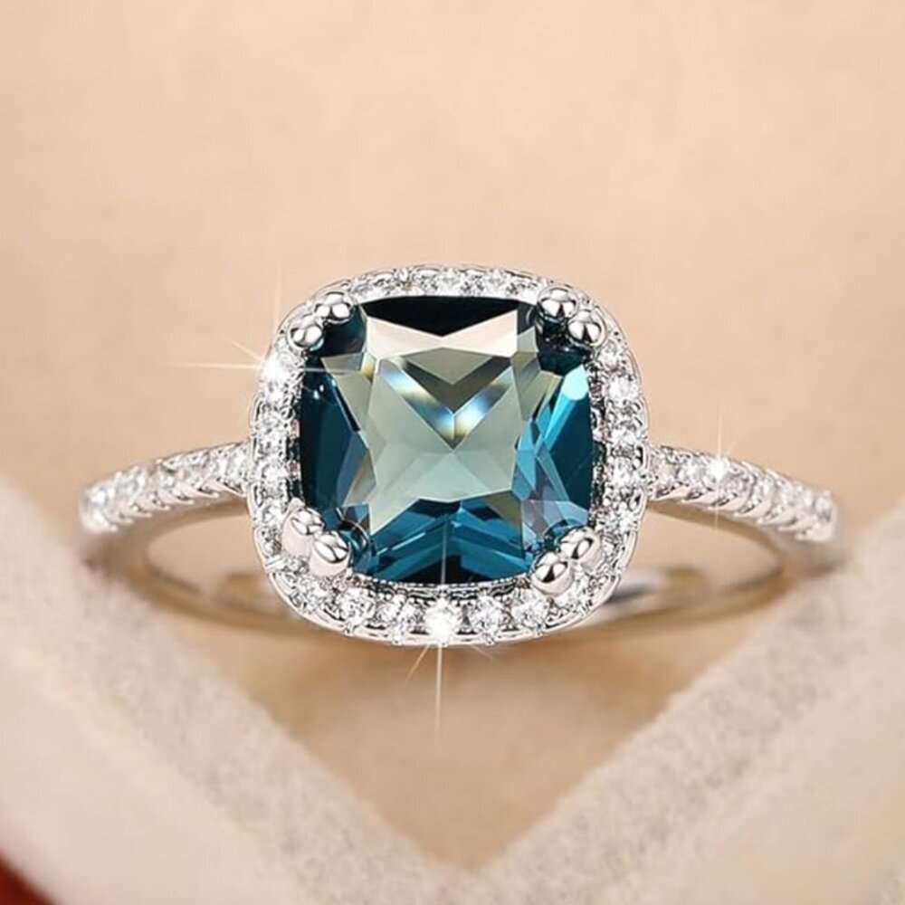 NEW 14k White Gold Sapphire Blue Diamond Ring Cushion Cut Halo Ring